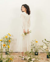 Elegant A-Line Organza Midi Dress with Sculpted Ruffle Collar and Sheer Long Sleeves